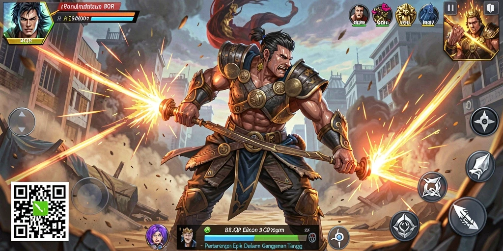 Screenshot gameplay 8QR menampilkan serangan bertarung yang epik.