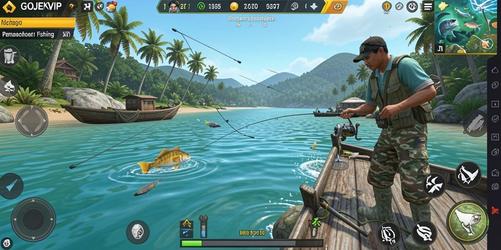 Screenshot gameplay GOJEKVIP dengan ikan-ikan yang berwarna-warni.