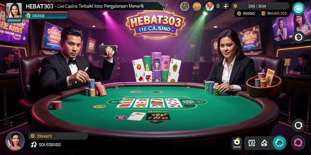 Tampilan utama gameplay HEBAT303 yang menampilkan dealer langsung dan permainan kasino.