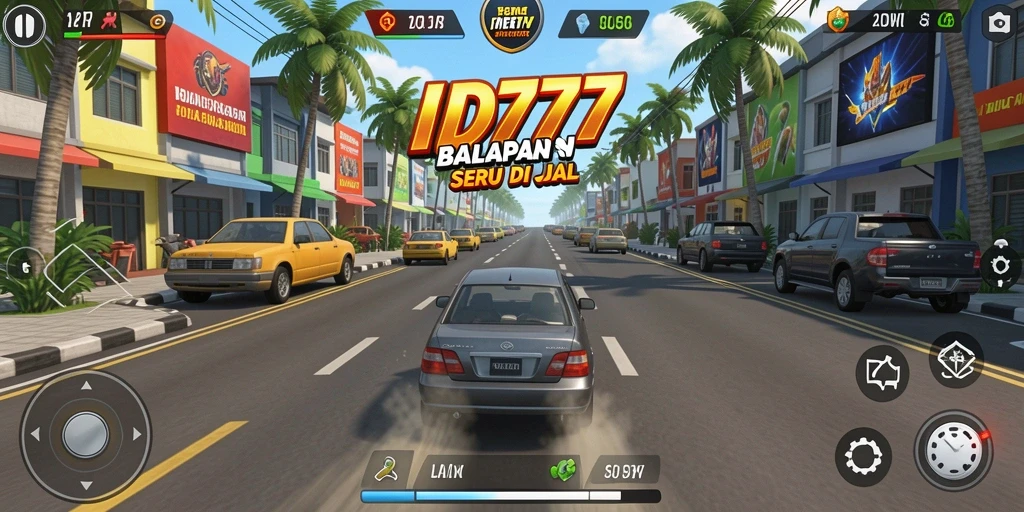 Screenshot gameplay ID777 menunjukkan balapan seru di jalanan.