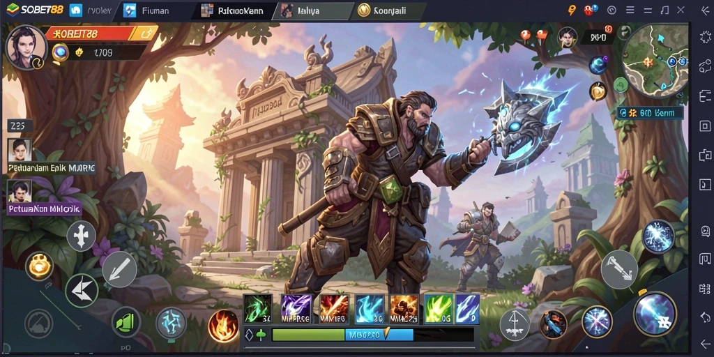 Screenshot dari gameplay SOBET88 menampilkan pertarungan epik dan dunia fantasi yang luas.