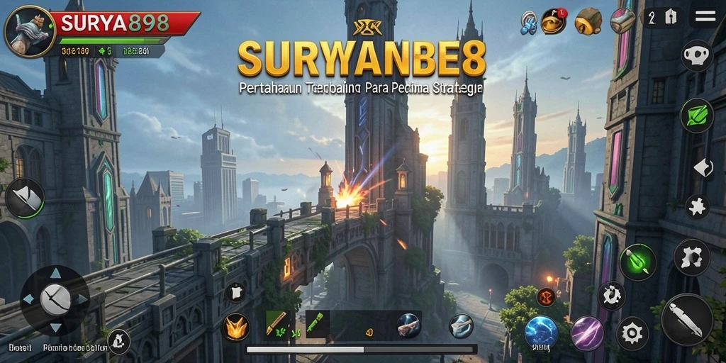 Tangkapan layar utama SURYA898 menampilkan aksi strategi Tower Defense yang mendebarkan.