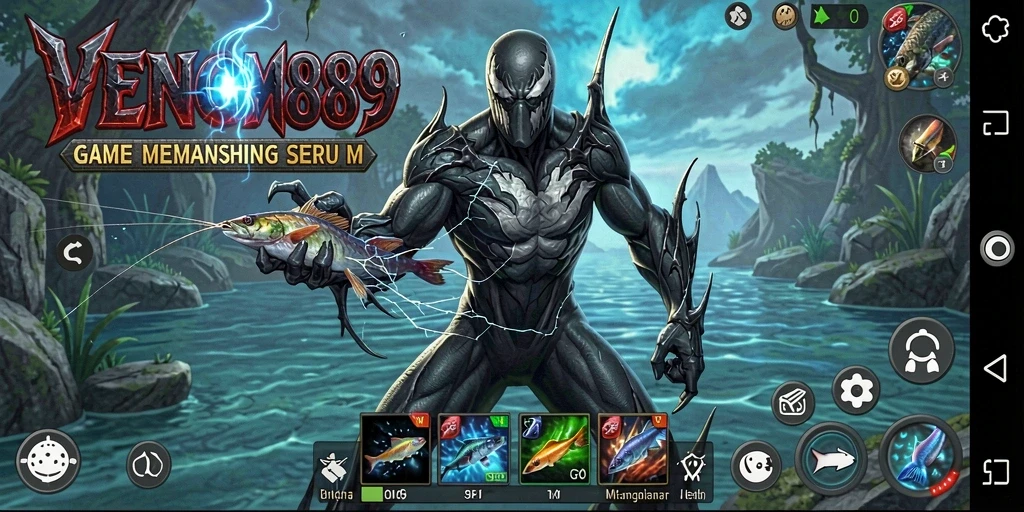 Tampilan gameplay menarik di <strong>VENOM889</strong> saat memancing di lokasi indah.
